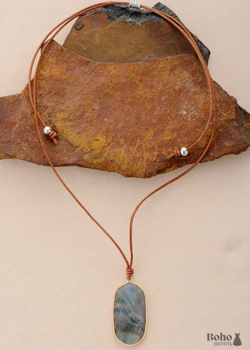 Boho Necklace, Labradorite, Green Natural Stone, Pendant